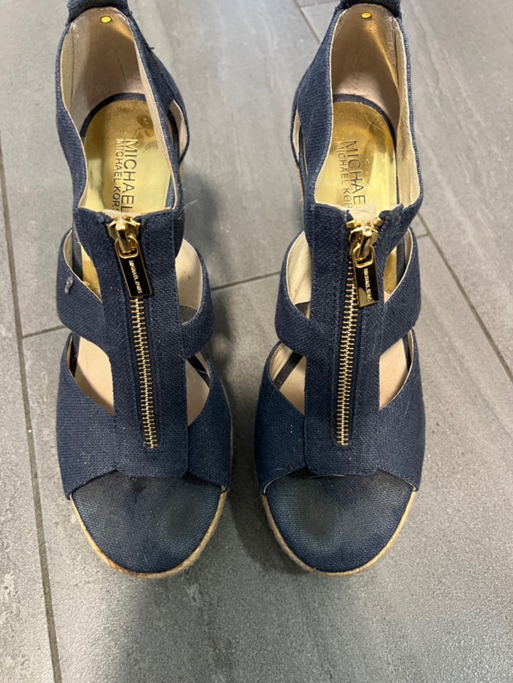 Michael Kors Berkley Navy Canvas Zip-Front Wedge Sandals